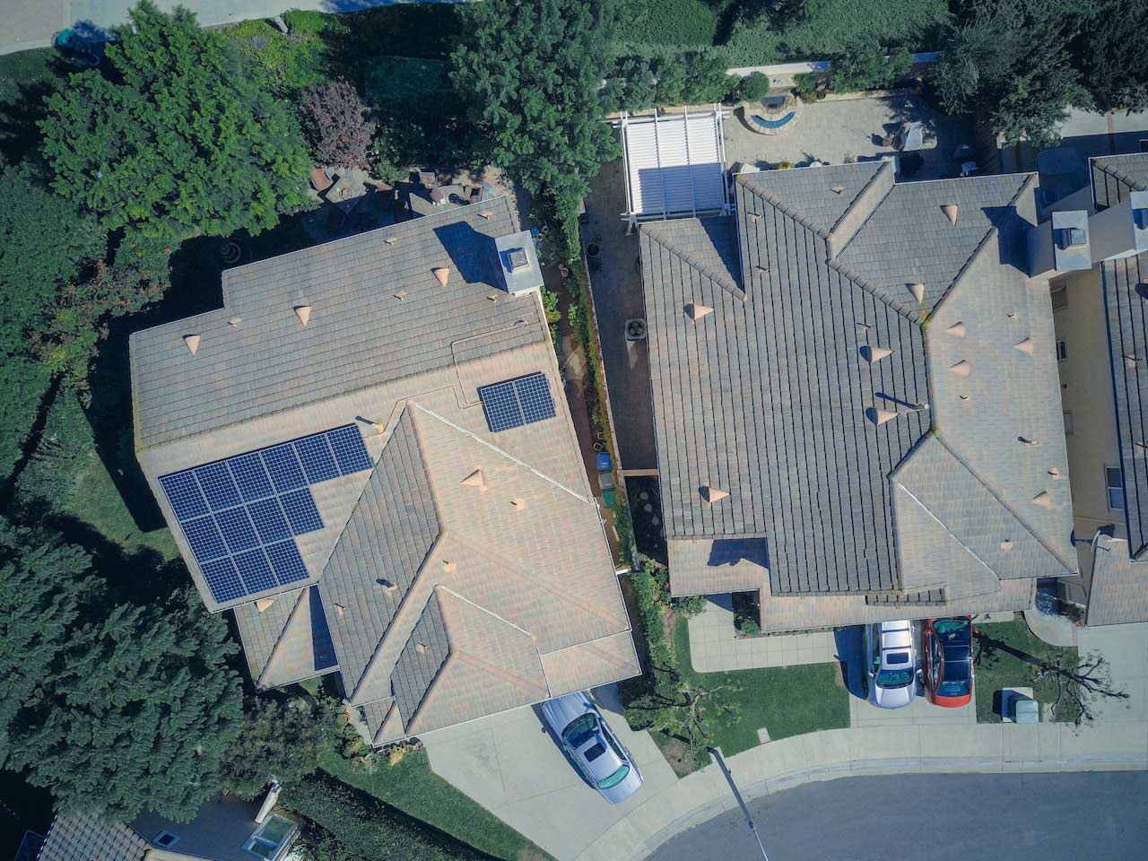 aerial view of house with solar panels